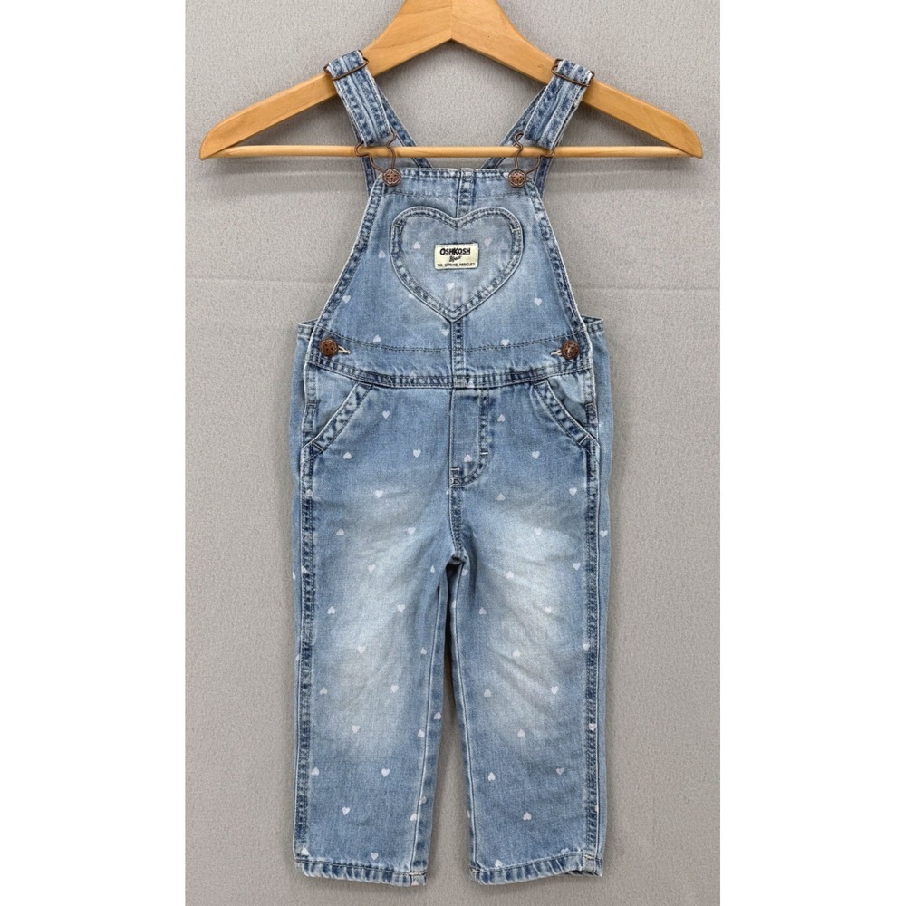 OshKosh B'gosh‎ Vestbak Denim Overalls Toddler 2T Blue Heart Print Heart Pocket